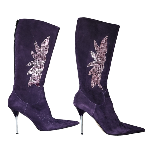 Charles David Vintage Swarovski Purple Suede Knee High Stiletto Boots Sz 38 - Picture 3 of 8